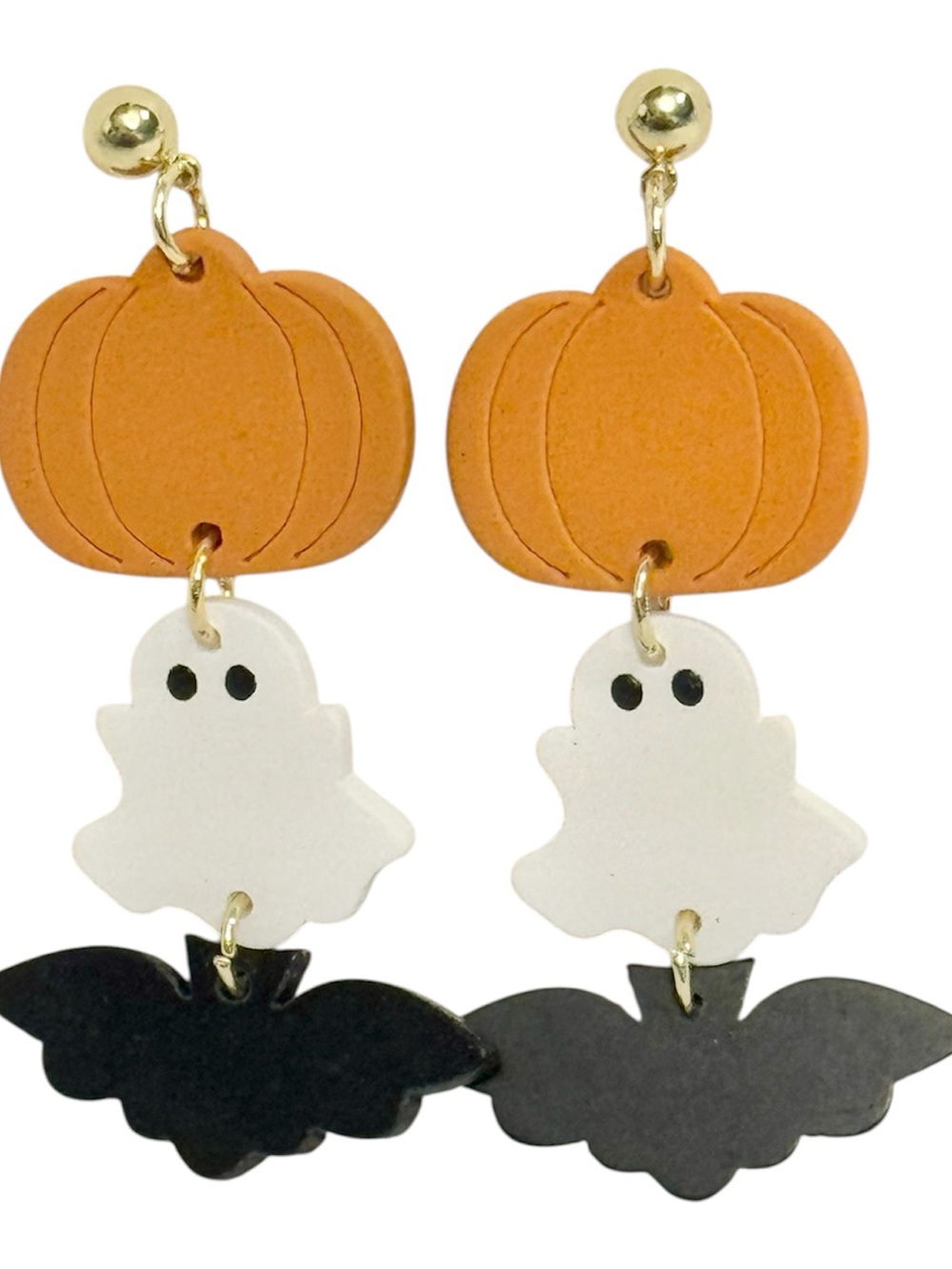 NWOT Halloween Pumpkin, Ghost & Bat Drop Pierced Earrings -Wood